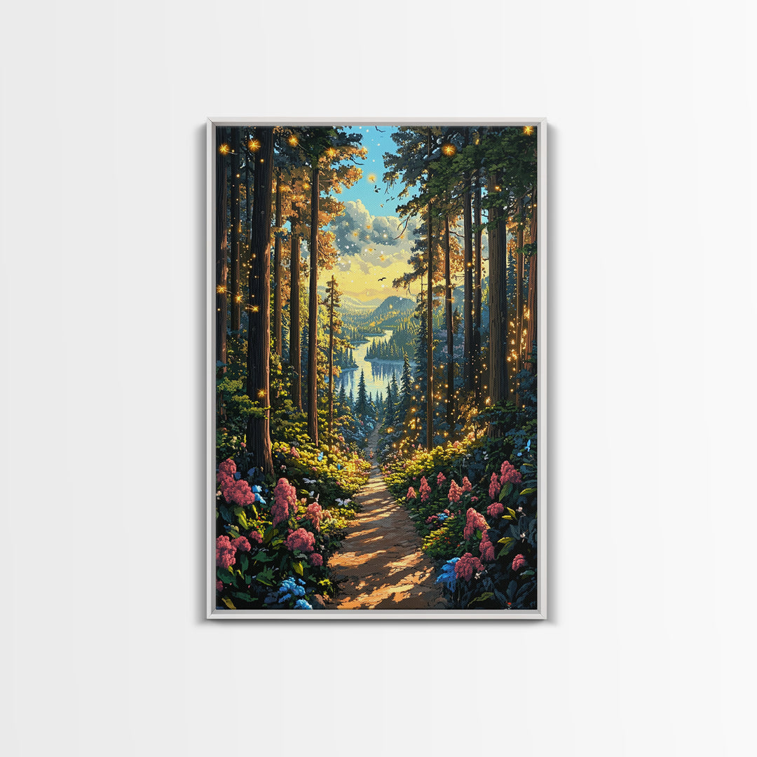 Enchanted Forest Path With Fireflies Wall Art, Mountain Lake Canvas Print, Whimsical Nature Landscape Home Decor Gift For Her