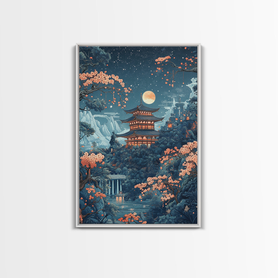 Moonlit Pagoda In Sakura Garden Framed Canvas Print, Japanese Night Landscape Wall Art, Celestial Asian Home Decor Moon Art