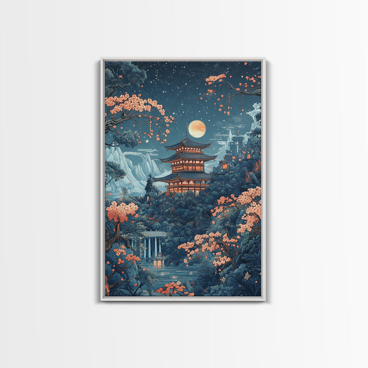 Moonlit Pagoda In Sakura Garden Framed Canvas Print, Japanese Night Landscape Wall Art, Celestial Asian Home Decor Moon Art