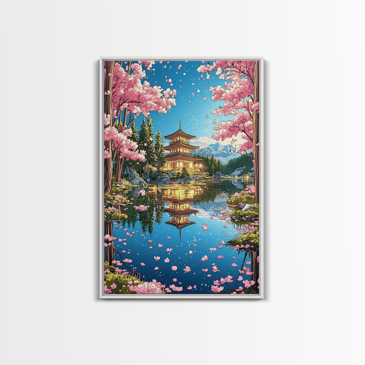 Cherry Blossom Pagoda Lake Reflection Wall Art, Japanese Landscape Canvas, Sakura Temple Decor, Serene Asian Home Decor Print