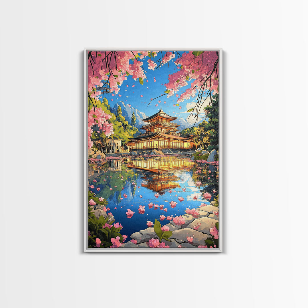Golden Sakura Temple Reflection Canvas Print, Japanese Garden Wall Decor, Cherry Blossom Lake Art For Serene Home Decor Gift
