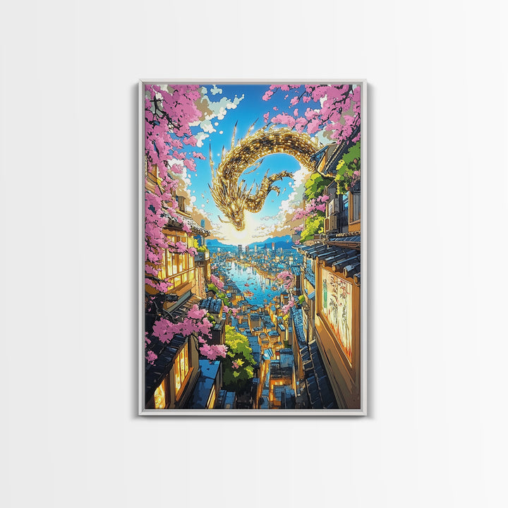 Golden Dragon Over Sakura Harbor Wall Art, Fantasy Japanese Cityscape Print, Cherry Blossom Decor For Asian Home Decor Gift
