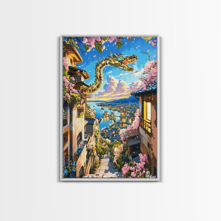 Serpentine Dragon Above Coastal Village Canvas Print, Japanese Fantasy Wall Decor, Sakura Sunset Art For Bold Home Decor