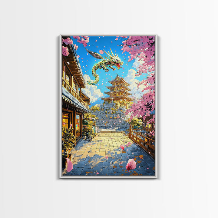 Golden Dragon Over Sakura Pagoda Framed Canvas Print, Japanese Fantasy Wall Art, Cherry Blossom Temple Decor For Living Room