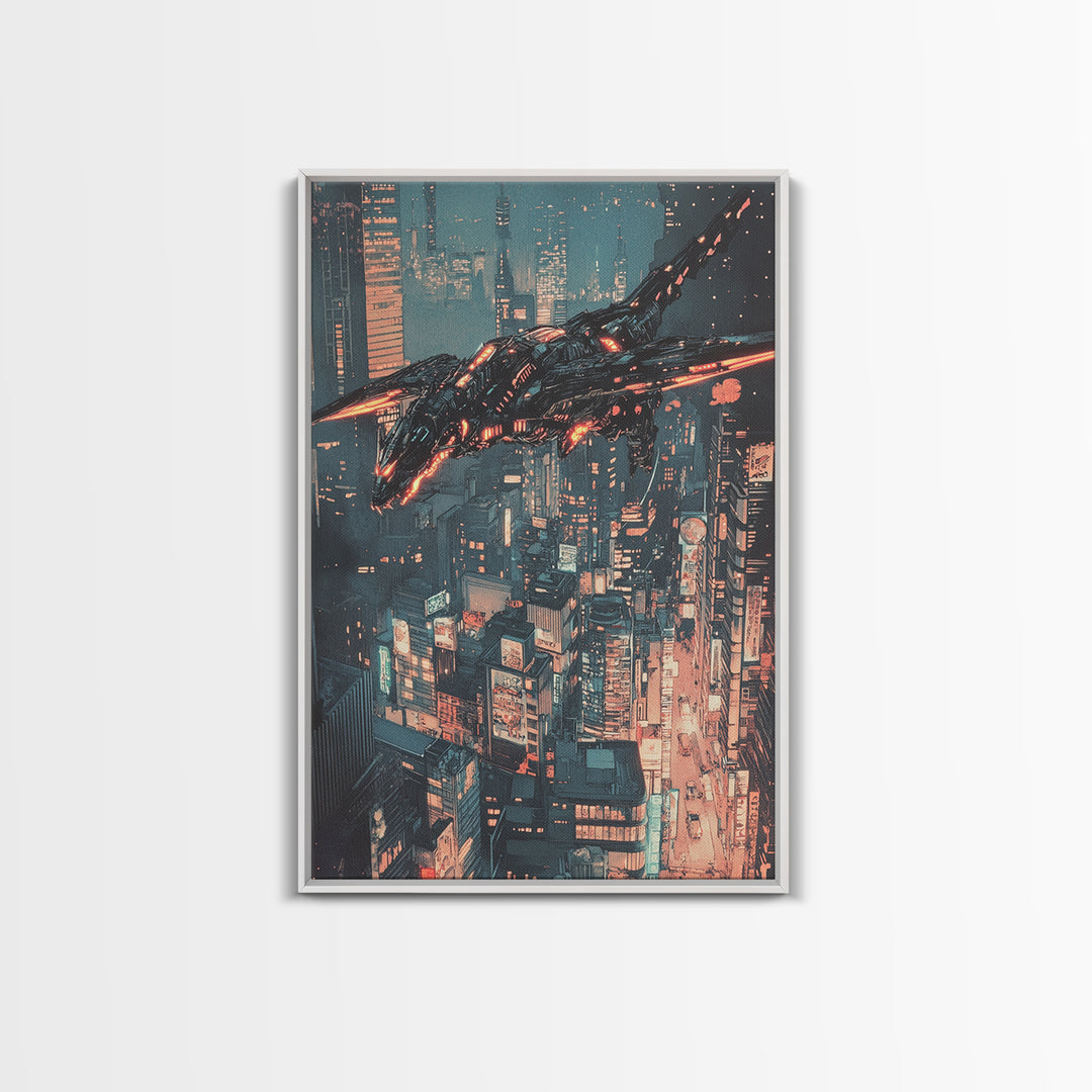 Cyberpunk Mechanical Dragon Over Neon City Wall Art, Futuristic Sci Fi Canvas, Dystopian Urban Decor For Gaming Room Poster
