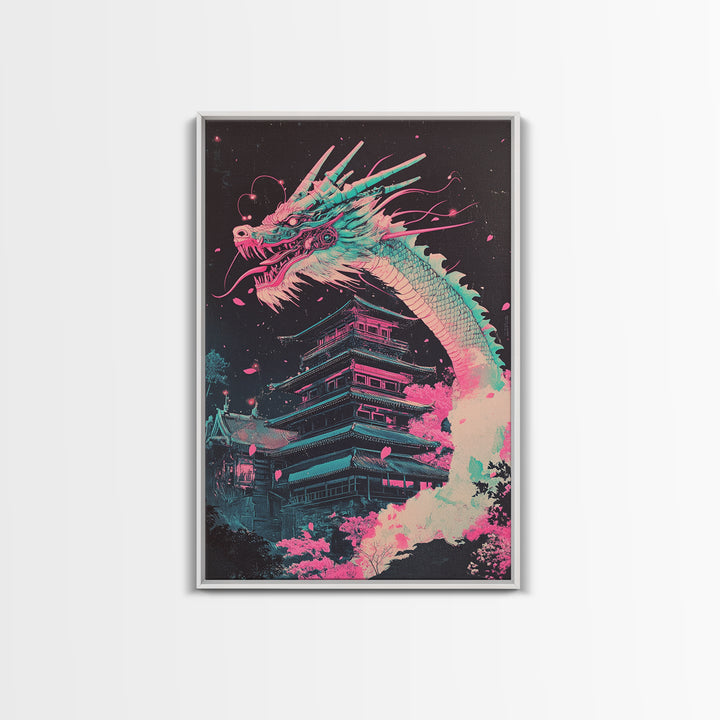 Neon Dragon Rising Over Midnight Pagoda Canvas Print, Japanese Cyberpunk Wall Art, Pink Sakura Fantasy Decor For Gaming Room
