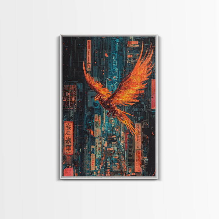 Fiery Phoenix Flying Through Neon Alley Wall Art, Cyberpunk City Canvas, Orange Bird Poster For Modern Office Decor Gift