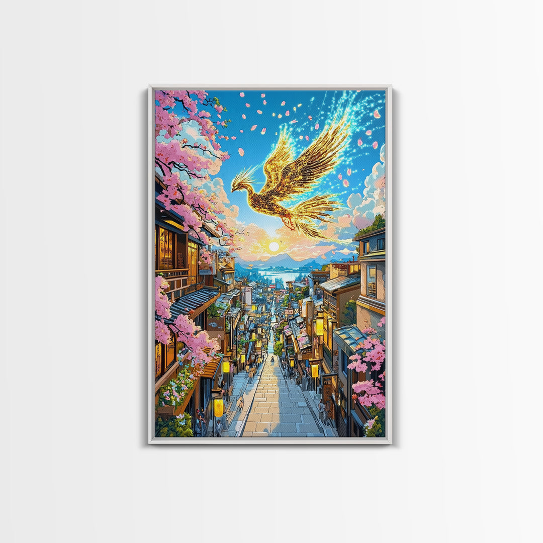 Golden Phoenix Over Sakura Hillside Town Framed Canvas Print, Japanese Fantasy Wall Art, Cherry Blossom Sunrise Decor For Home
