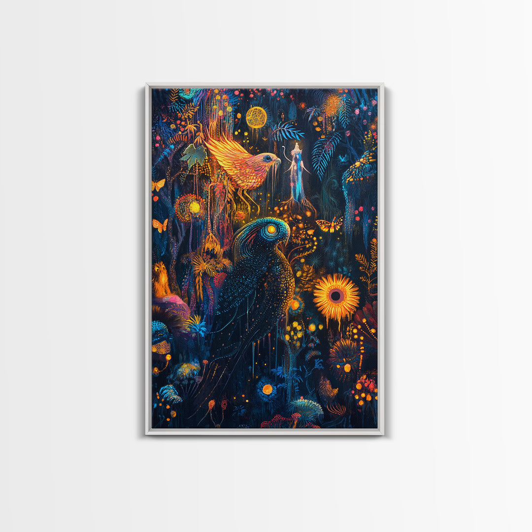 Luminous Birds In Enchanted Jungle Wall Art, Whimsical Fantasy Canvas, Celestial Moon Decor For Boho Maximalist Home Decor