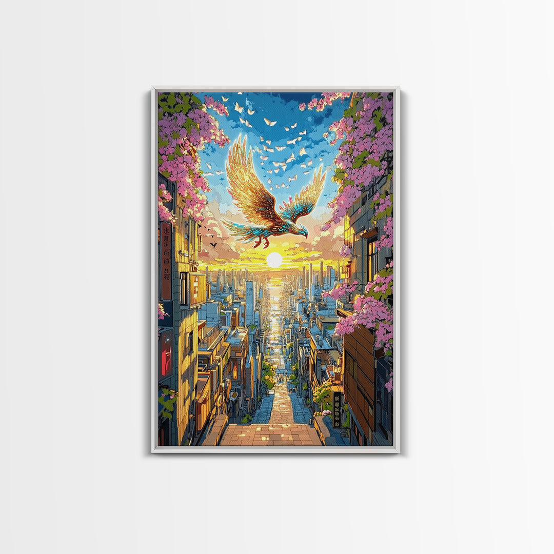 Golden Phoenix Over Sakura City Wall Art, Japanese Fantasy Art Print, Colorful Wall Art, Living Room Wall Decor, Housewarming Gift