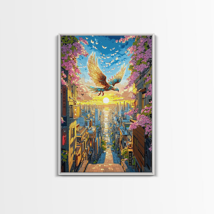 Golden Phoenix Over Sakura City Wall Art, Japanese Fantasy Art Print, Colorful Wall Art, Living Room Wall Decor, Housewarming Gift