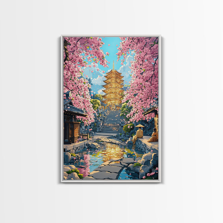 Golden Pagoda Cherry Blossom Framed Canvas Print, Japanese Wall Art, Serene Zen Decor, Living Room Wall Decor, Housewarming Gift For Her