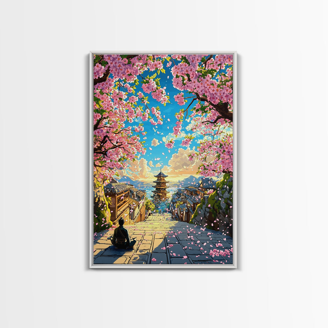 Cherry Blossom Steps To Ocean Pagoda Wall Art, Japanese Landscape Print, Coastal Home Decor, Tranquil Living Room Art, Gift For Her