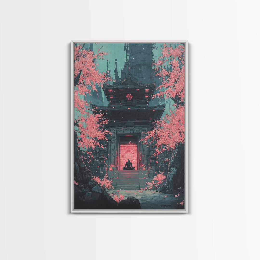 Neon Portal Temple With Pink Sakura Canvas Print, Cyberpunk Wall Art, Japanese Sci Fi Decor, Moody Office Wall Decor For Him