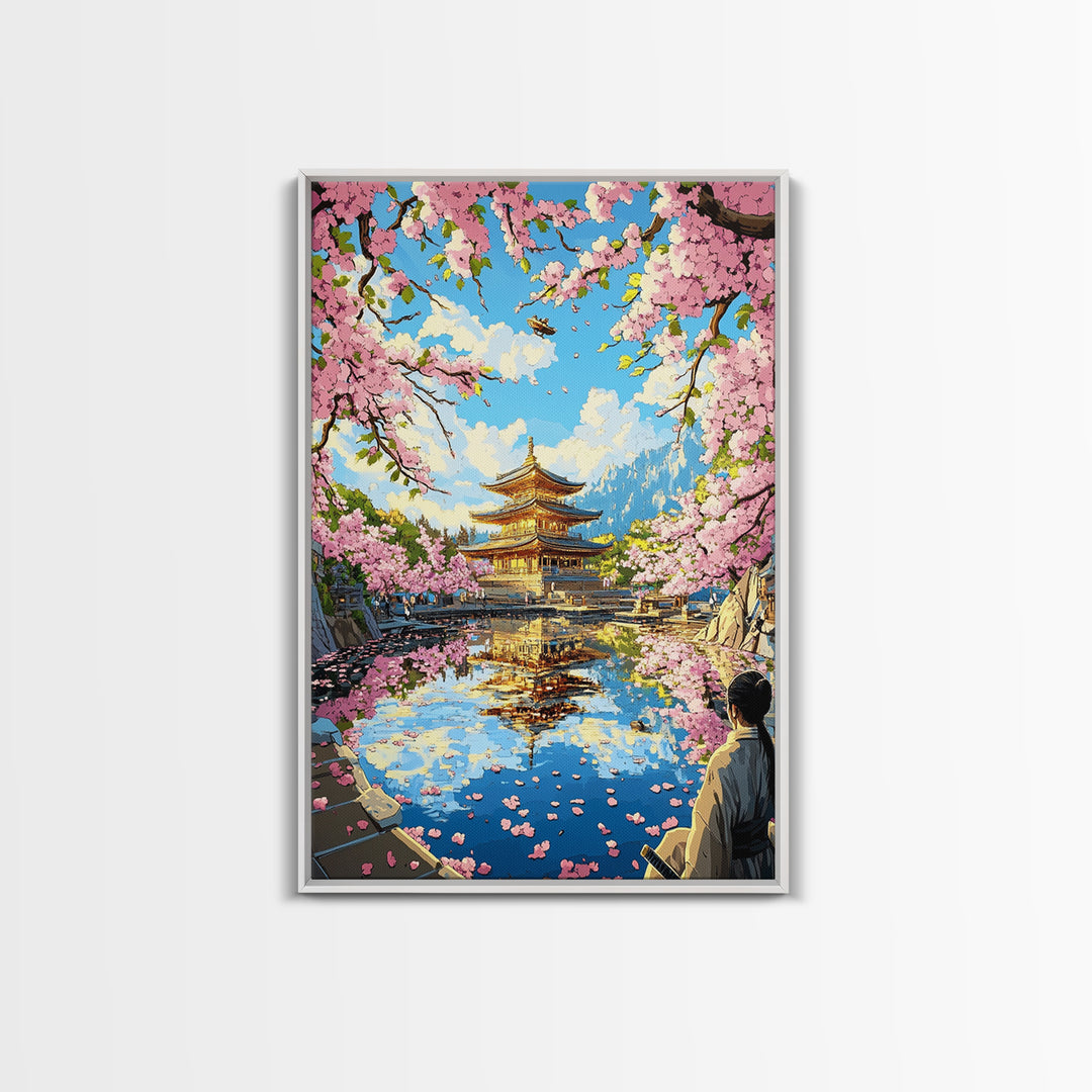 Golden Pagoda Reflected In Sakura Lake Framed Canvas Print, Japanese Wall Art, Mountain Landscape, Serene Zen Decor, Living Room Art