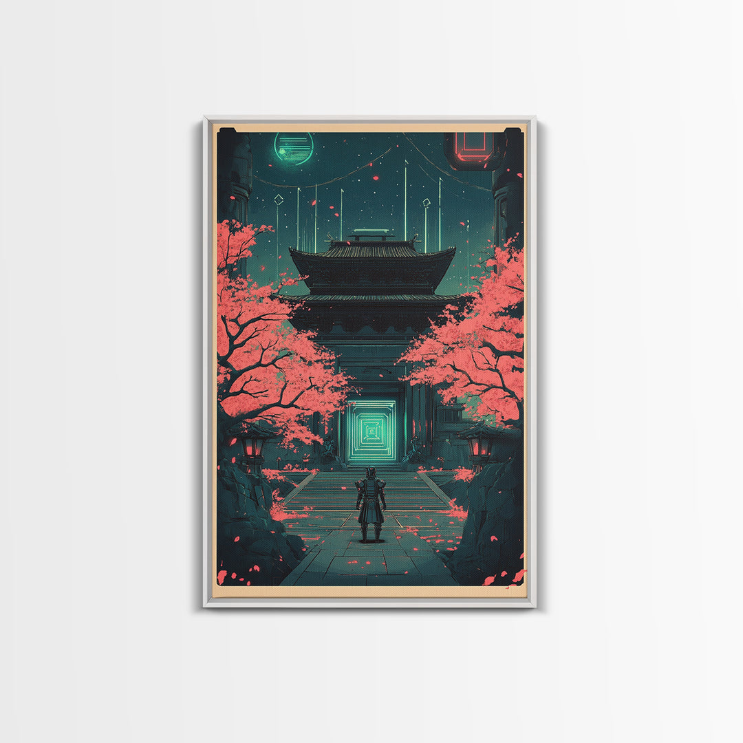 Neon Samurai At Sakura Temple Canvas Print, Cyberpunk Japanese Wall Art, Sci Fi Decor, Gaming Room Wall Decor Gift For Him