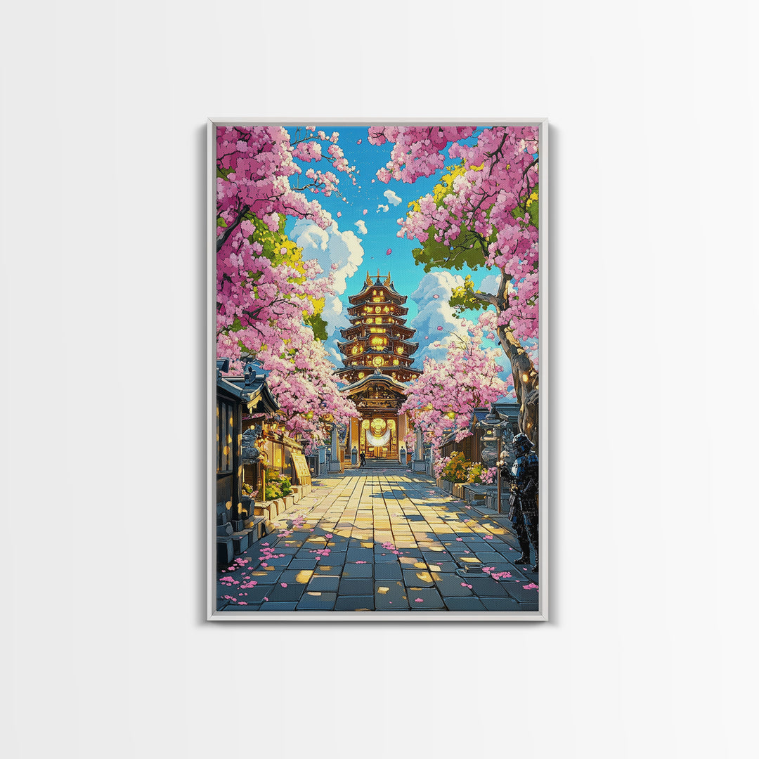 Illuminated Pagoda Under Pink Sakura Wall Art, Japanese Temple Print, Vibrant Spring Decor, Living Room Wall Decor, Gift For Her