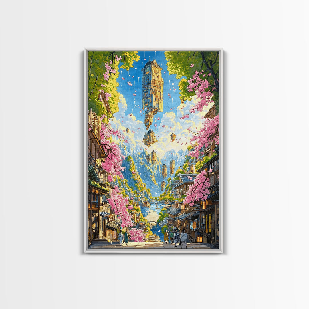 Floating Sky Tower Over Sakura Village Wall Art, Japanese Fantasy Landscape, Surreal Art Print, Statement Living Room Decor