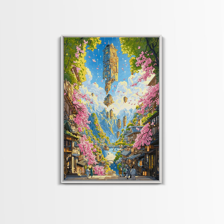 Floating Sky Tower Over Sakura Village Wall Art, Japanese Fantasy Landscape, Surreal Art Print, Statement Living Room Decor