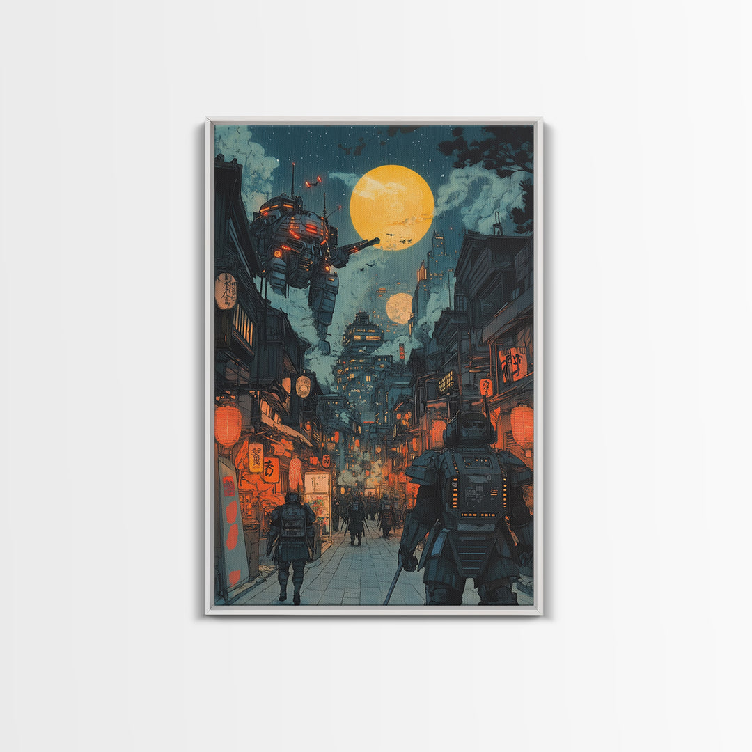 Mech Patrol In Neon Japanese Alley Canvas Print, Cyberpunk Wall Art, Sci Fi Cityscape Decor, Gaming Room Wall Decor For Him