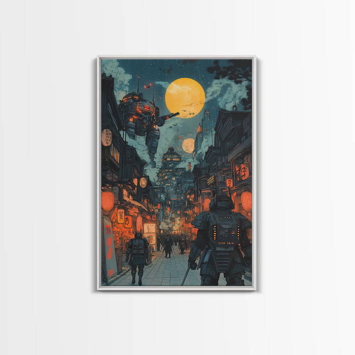 Mech Patrol In Neon Japanese Alley Canvas Print, Cyberpunk Wall Art, Sci Fi Cityscape Decor, Gaming Room Wall Decor For Him