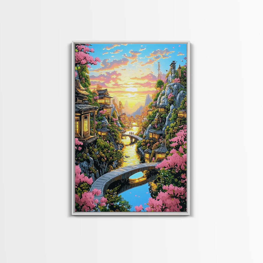 Sunset Canal Village With Sakura Framed Canvas Print, Japanese Landscape Wall Art, Romantic Coastal Home Decor, Gift For Her
