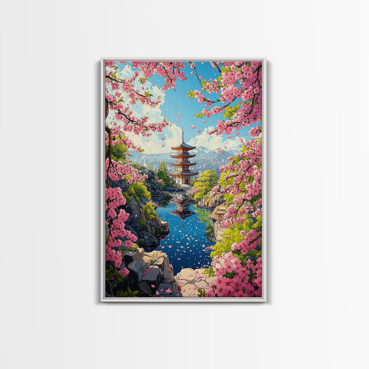 Spring Pagoda With Pink Cherry Blossoms Canvas Print, Japanese Landscape Wall Art, Bright Zen Living Room Decor Gift For Her