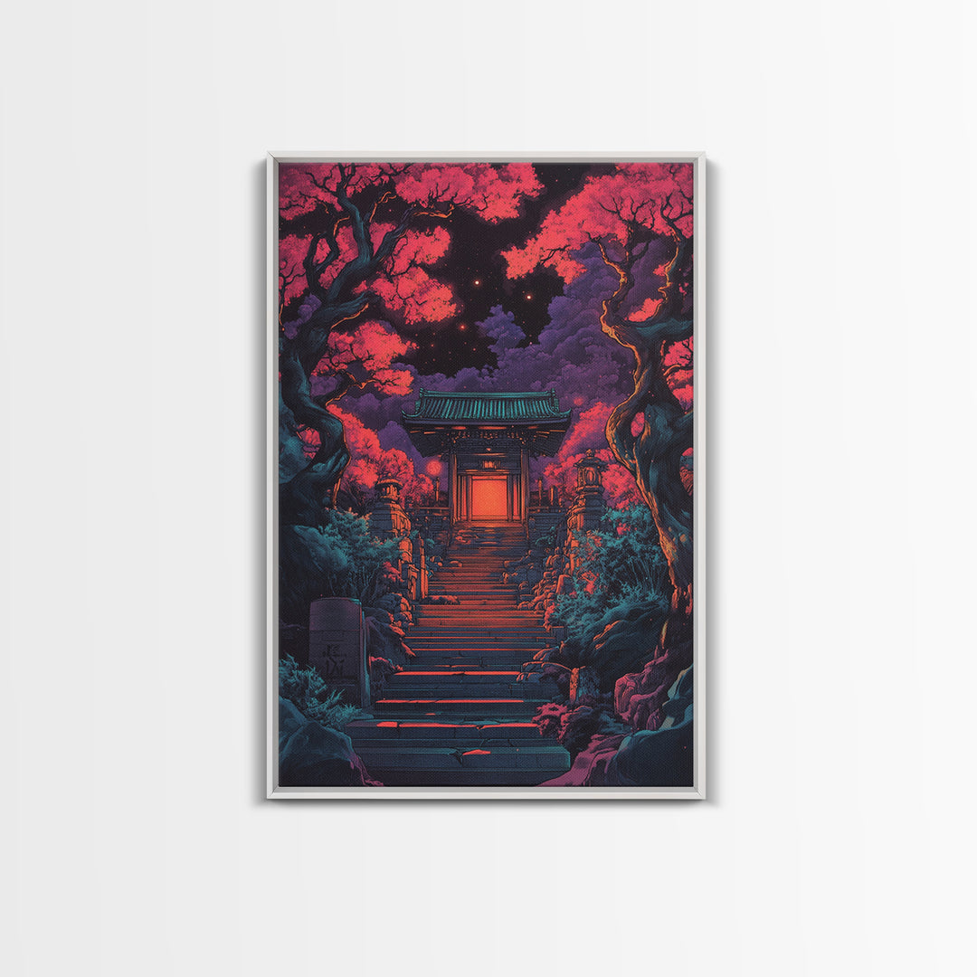 Moonlit Red Maple Shrine Stairway Wall Art, Dark Japanese Garden Print, Moody Gothic Decor For Bedroom And Living Room Gift