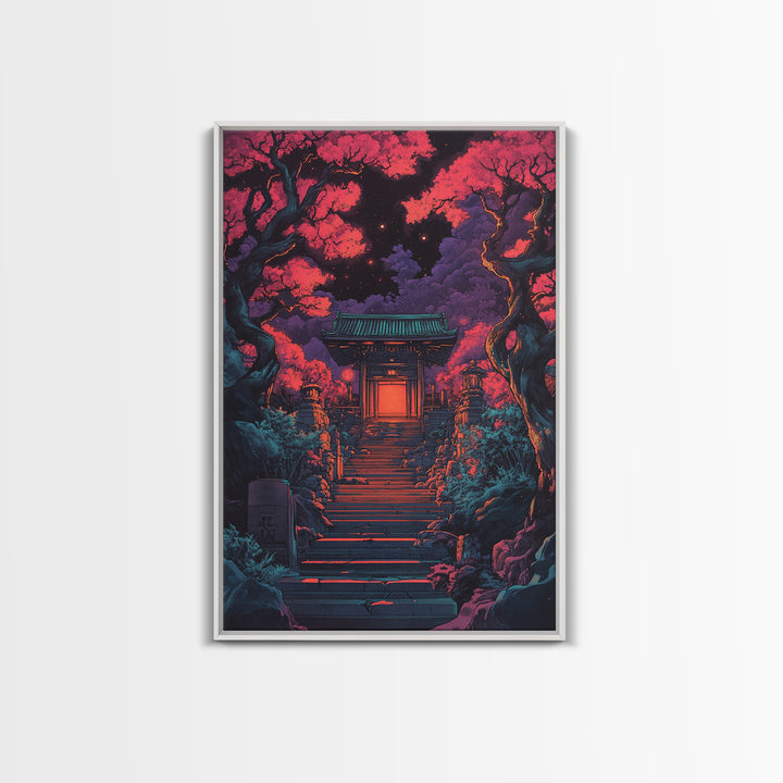 Moonlit Red Maple Shrine Stairway Wall Art, Dark Japanese Garden Print, Moody Gothic Decor For Bedroom And Living Room Gift
