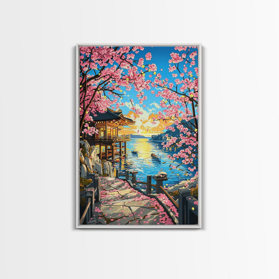 Sunset Seaside Temple With Cherry Blossoms Framed Canvas Print, Japanese Coastal Wall Art, Bright Zen Home Decor Gift For Her