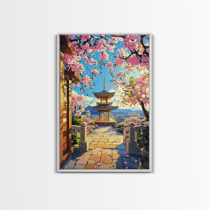 Hilltop Pagoda Under Pink Cherry Blossoms Canvas Print, Japanese Cityscape Wall Art, Bright Spring Decor For Living Room