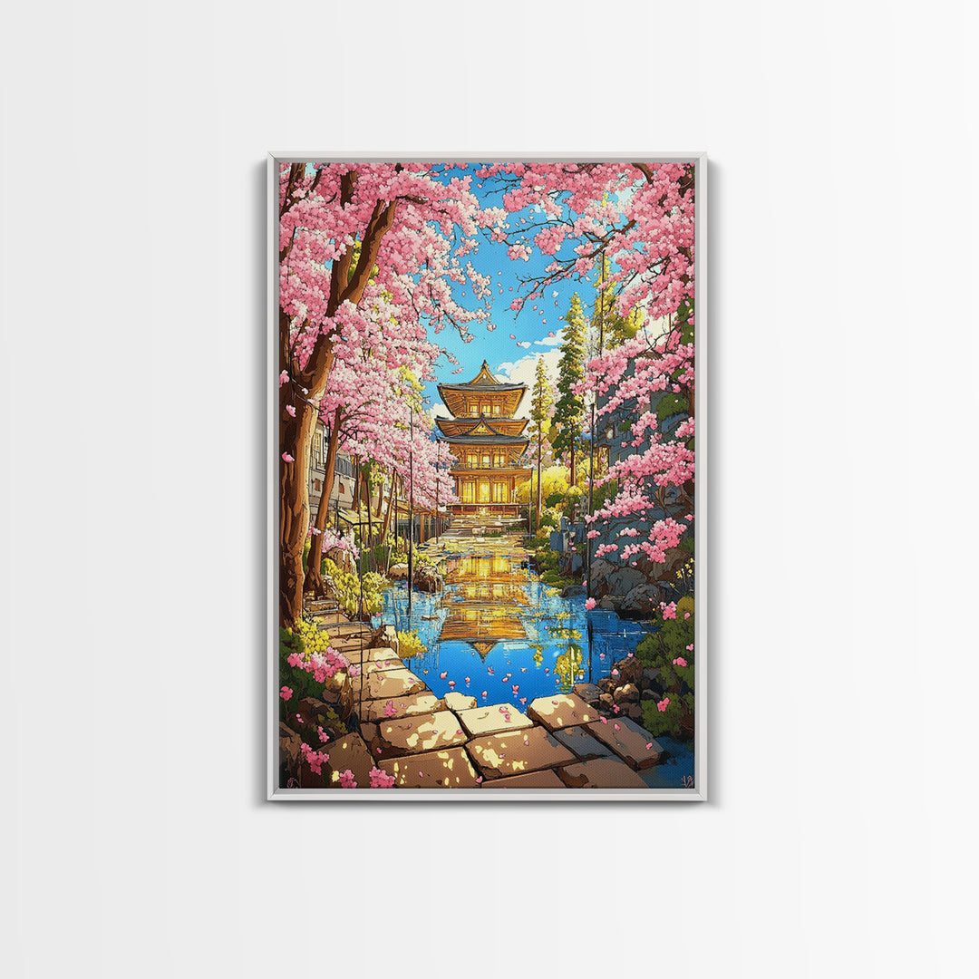 Golden Temple Reflected In Cherry Blossom Canal Wall Art, Japanese Garden Canvas Print, Colorful Spring Living Room Decor