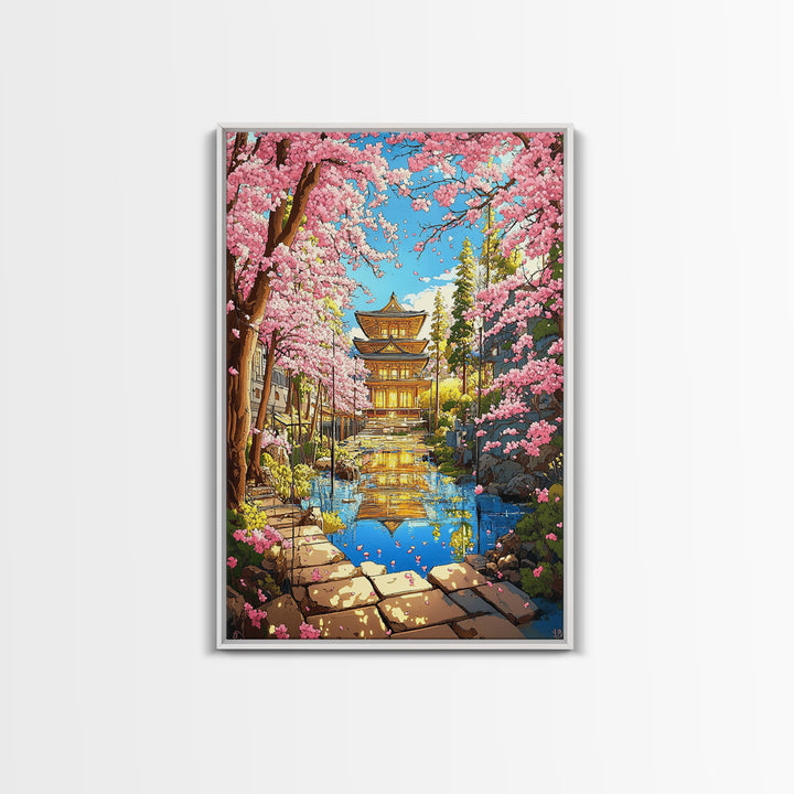 Golden Temple Reflected In Cherry Blossom Canal Wall Art, Japanese Garden Canvas Print, Colorful Spring Living Room Decor