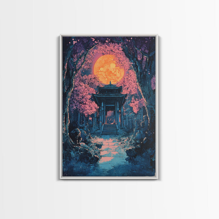 Full Moon Shrine In Pink Cherry Blossom Grove Wall Art, Mystical Japanese Landscape Print, Moody Celestial Bedroom Decor