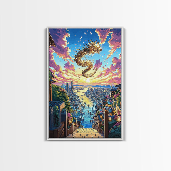 Golden Dragon City Sunset Canvas Print, Japanese Fantasy Wall Art, Vibrant Urban Landscape, Gamer Room Decor, Unique Gift