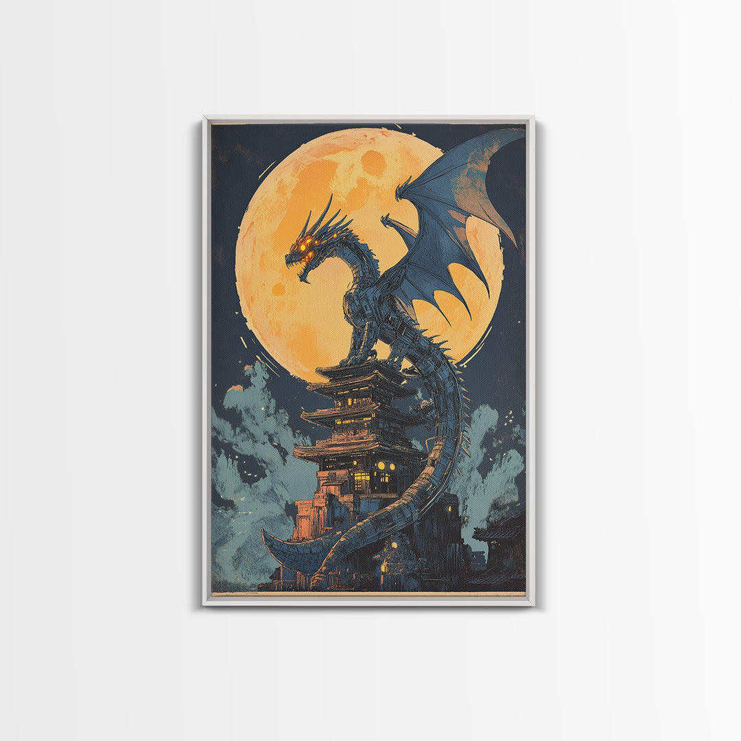 Full Moon Dragon Pagoda Wall Art, Dark Fantasy Print, Gothic Japanese Decor, Moody Canvas Wall Art Gift For Him, Office Decor