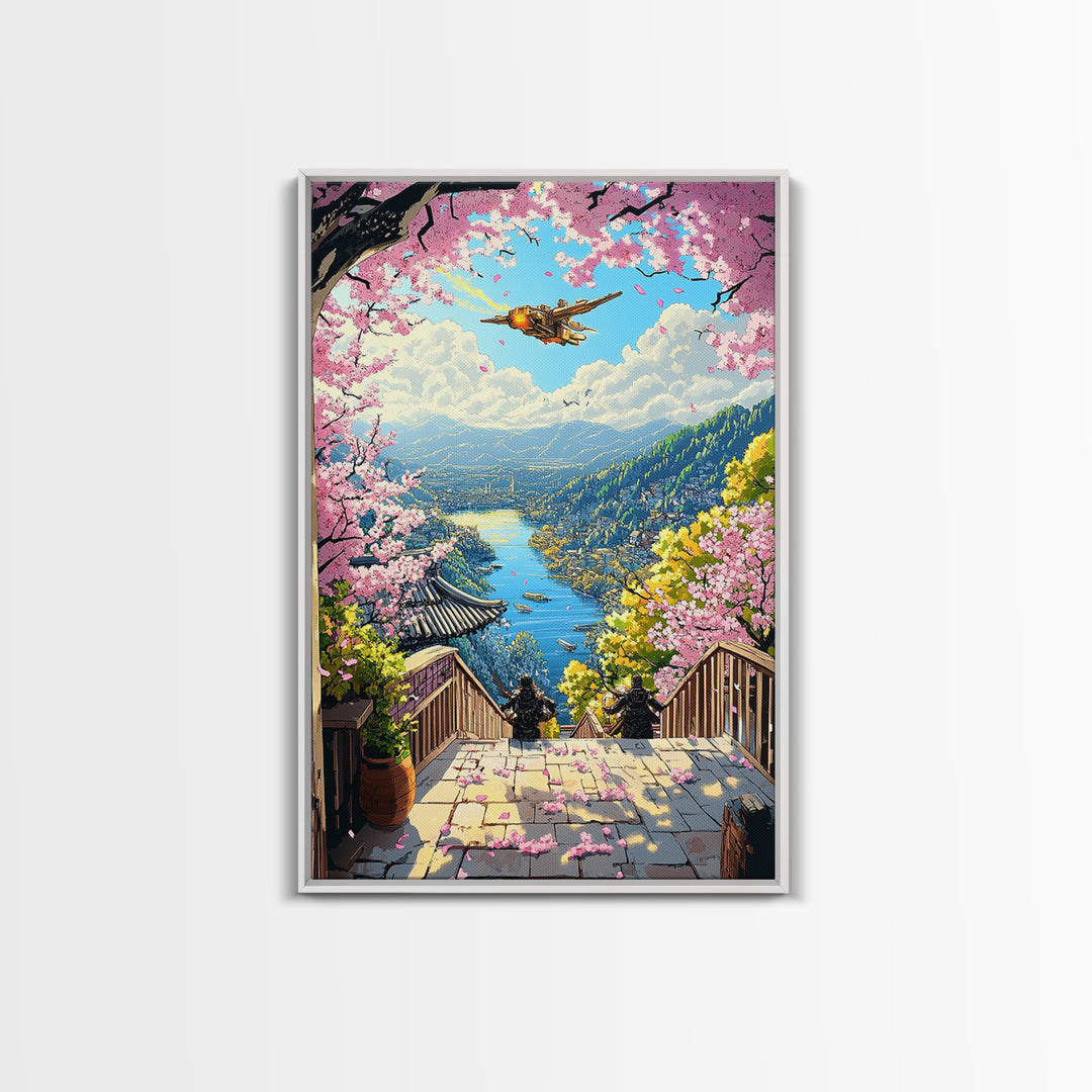 Airship Over Sakura Lake Wall Art, Fantasy Landscape Print, Japanese Mountain Decor, Whimsical Home Decor Gift For Her