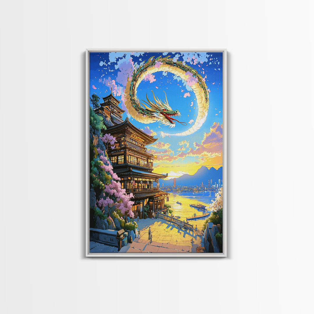 Crescent Dragon Seaside Temple Framed Canvas Print, Japanese Wall Art, Fantasy Coastal Decor, Statement Home Decor Gift