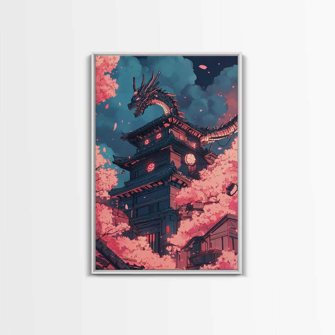Cherry Blossom Dragon Tower Wall Art, Japanese Fantasy Canvas Print, Anime Pagoda Decor, Sakura Night Living Room Art Home Decor