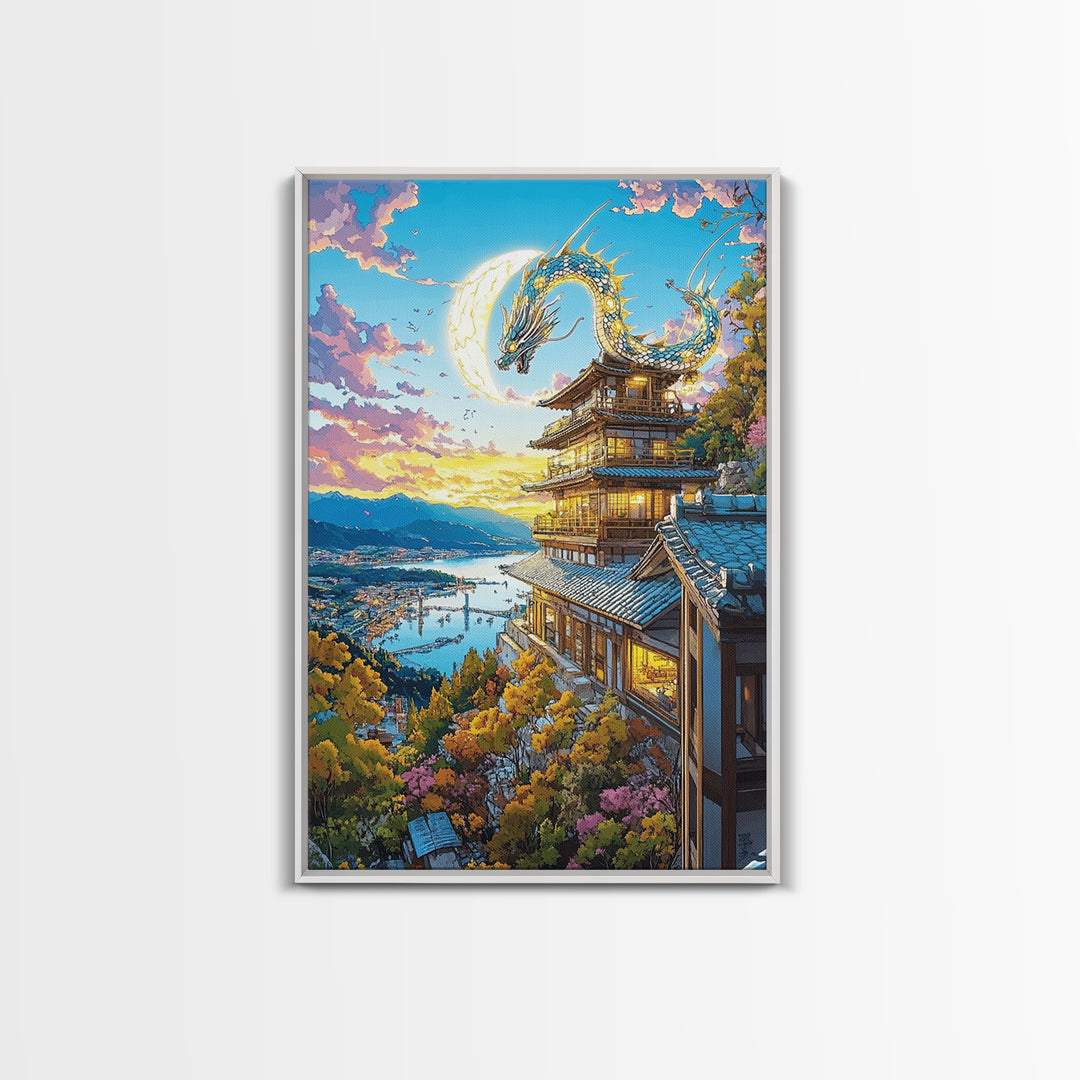 Golden Moon Dragon Temple Framed Canvas Print, Japanese Fantasy Wall Art, Sakura Landscape Decor, Living Room Art Home Decor