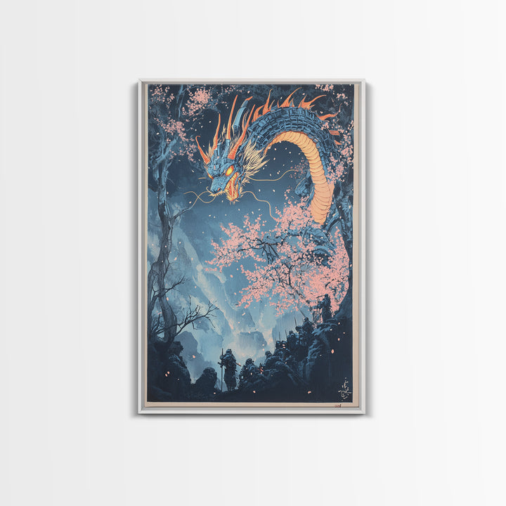 Blue Mountain Dragon Wall Art, Japanese Cherry Blossom Canvas Print, Ukiyo E Fantasy Decor, Asian Inspired Living Room Art Print