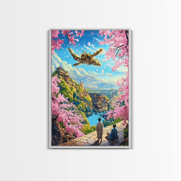 Flying Golden Airship Wall Art, Anime Sakura City Canvas Print, Japanese Fantasy Landscape Decor, Living Room Art Gift For Him