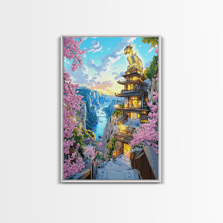 Cliffside Dragon Temple Framed Canvas Print, Sakura Mountain Landscape Wall Art, Japanese Fantasy Decor, Large Living Room Art