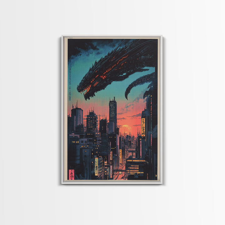Cyberpunk Dragon City Wall Art, Neon Futuristic Skyline Canvas Print, Japanese Sci Fi Decor, Gaming Room Wall Art Gift For Him