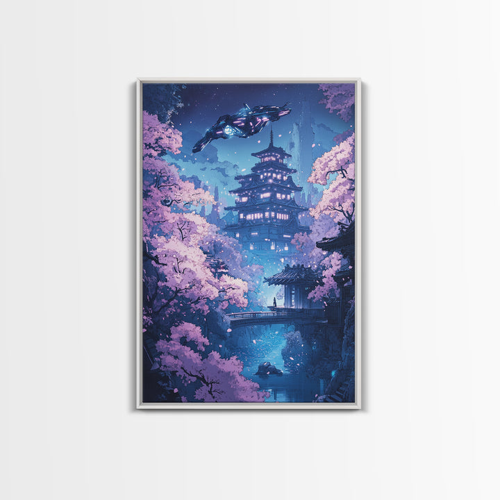 Futuristic Sakura Pagoda Wall Art, Purple Cherry Blossom Canvas Print, Sci Fi Japanese Landscape Decor, Bedroom Wall Art Gift For Her