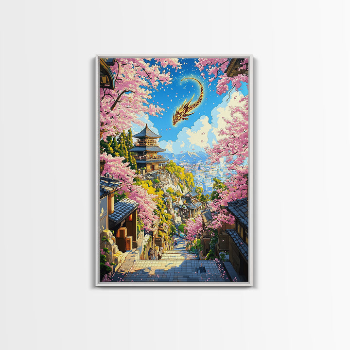Golden Dragon Over Kyoto Pagoda Wall Art, Japanese Cherry Blossom Fantasy, Anime Landscape, Asian Home Decor, Living Room Art