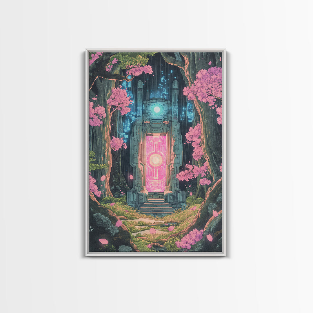 Neon Portal In Cherry Forest Framed Canvas Print, Cyberpunk Fantasy Wall Decor, Sci Fi Art, Modern Japanese Wall Art, Gaming Room Decor