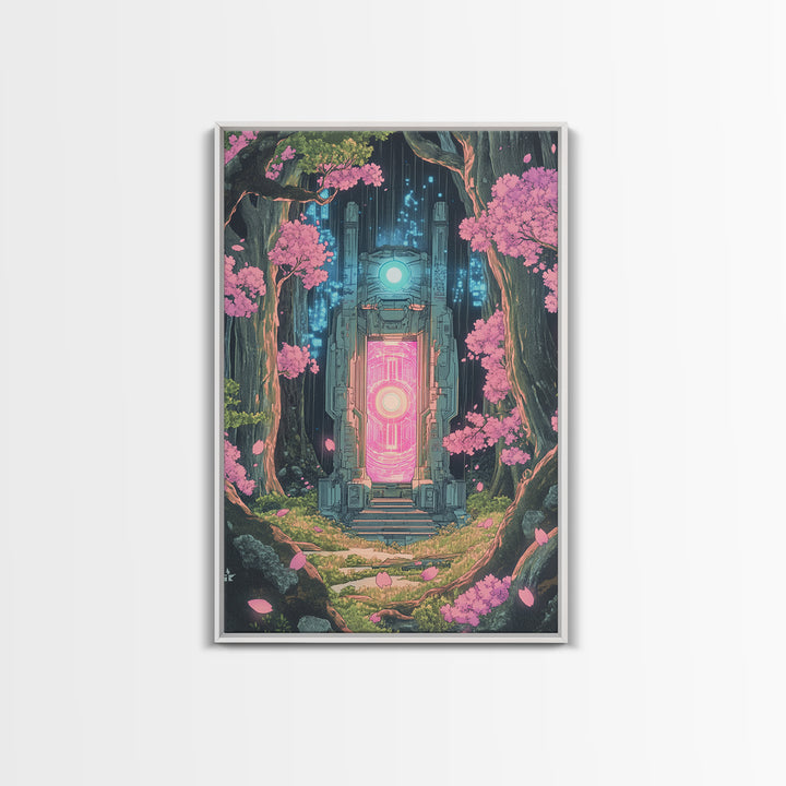Neon Portal In Cherry Forest Framed Canvas Print, Cyberpunk Fantasy Wall Decor, Sci Fi Art, Modern Japanese Wall Art, Gaming Room Decor