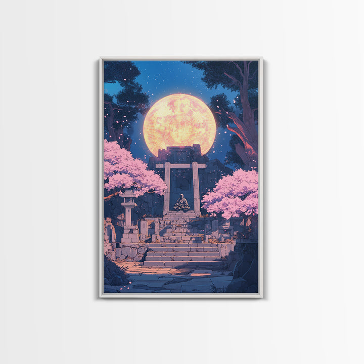 Glowing Moon Shrine With Meditating Monk Canvas Print, Japanese Wall Art, Cherry Blossom Decor, Zen Fantasy Living Room Art