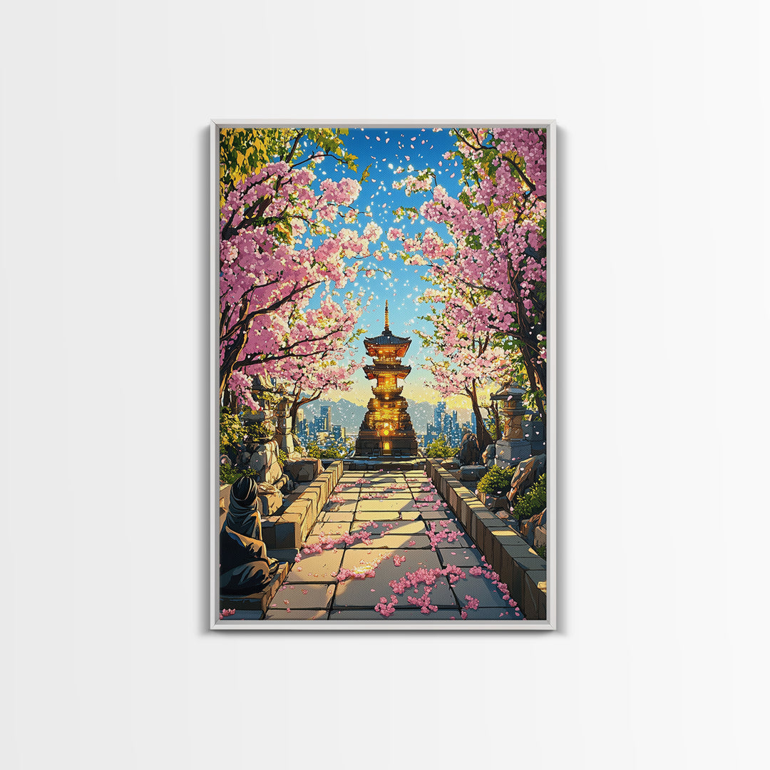 Cherry Blossom Pagoda Path Wall Art, Japanese Temple Landscape, Anime City Skyline, Spring Decor, Large Framed Canvas Print